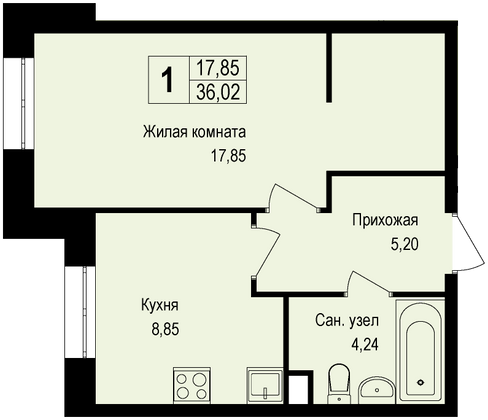 Продажа 1-комнатной квартиры 36,1 м², 1/6 этаж