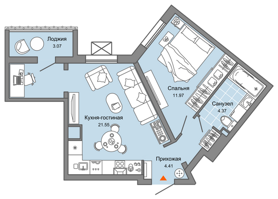 44 м², 2-комн. квартира, 2/9 этаж