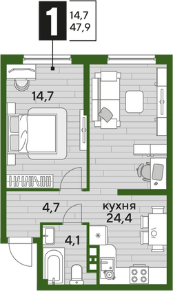 Продажа 1-комнатной квартиры 47,9 м², 9/19 этаж