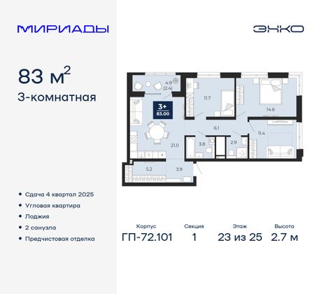 83 м², 3-комн. квартира, 23/25 этаж