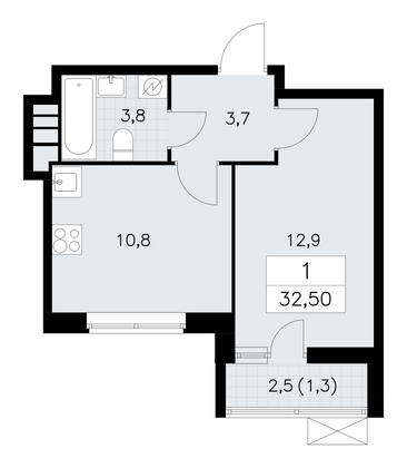 32,5 м², своб. планировка, 17/18 этаж