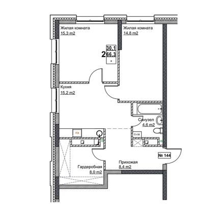 Продажа 2-комнатной квартиры 66,3 м², 2/24 этаж