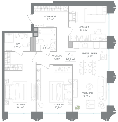 Продажа 3-комнатной квартиры 94,6 м², 6/25 этаж