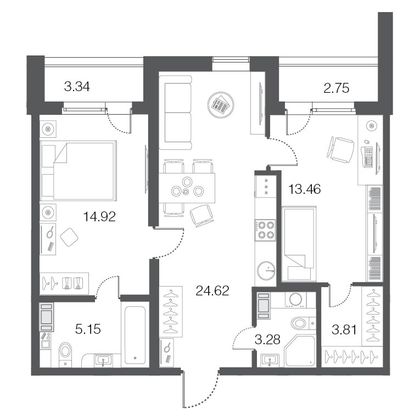 65,2 м², 2-комн. квартира, 3/5 этаж