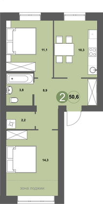 Продажа 2-комнатной квартиры 50,6 м², 3/5 этаж