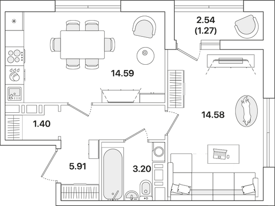 41 м², 1-комн. квартира, 3/12 этаж