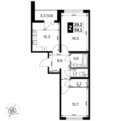 59,1 м², 2-комн. квартира, 21/24 этаж