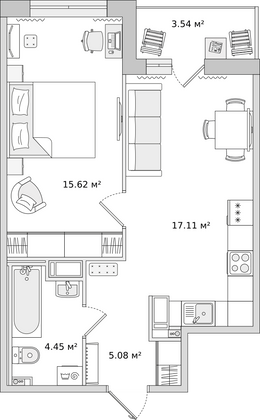 43,7 м², 1-комн. квартира, 14/14 этаж