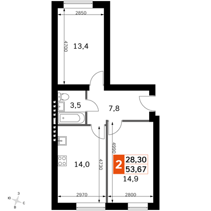 53,7 м², 2-комн. квартира, 4/4 этаж