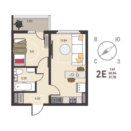 31,8 м², 1-комн. квартира, 2/18 этаж