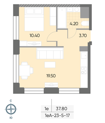 37,8 м², 1-комн. квартира, 7/30 этаж