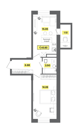 42,8 м², 2-комн. квартира, 4 этаж