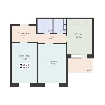 Продажа 2-комнатной квартиры 59,6 м², 3/17 этаж