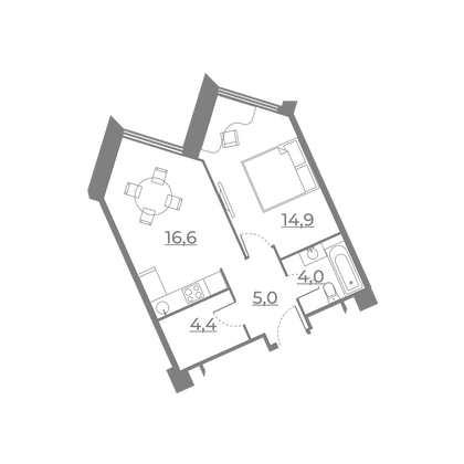 44,8 м², 1-комн. квартира, 4/21 этаж