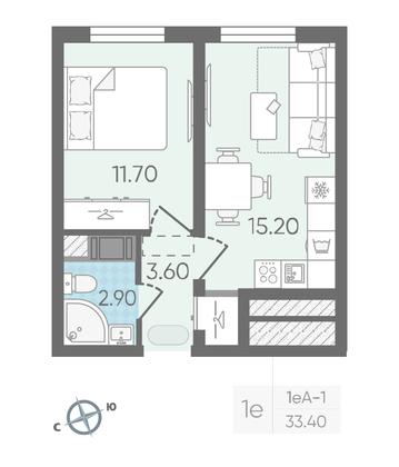 Продажа 1-комнатной квартиры 33,4 м², 25/25 этаж