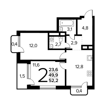 52,2 м², 2-комн. квартира, 5/14 этаж