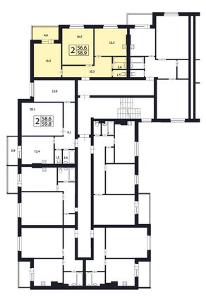 56,6 м², 2-комн. квартира, 3/4 этаж