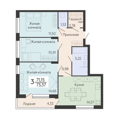 Продажа 3-комнатной квартиры 73,4 м², 2/14 этаж