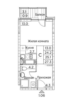 27,3 м², студия, 2/21 этаж