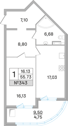 55,7 м², 1-комн. квартира, 14 этаж