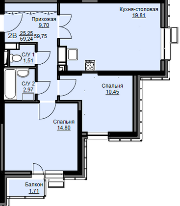 Продажа 2-комнатной квартиры 59,8 м², 3/17 этаж