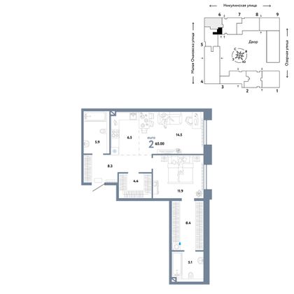 65 м², 2-комн. квартира, 2/30 этаж