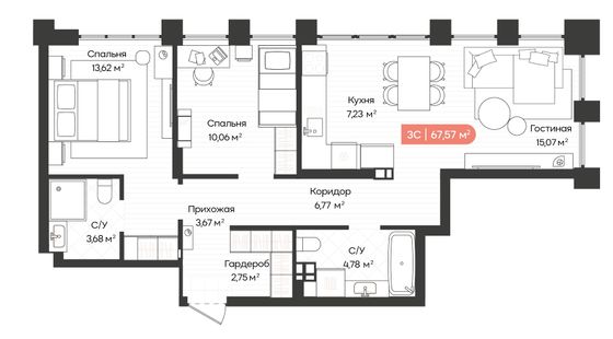 67,8 м², 3-комн. квартира, 9/20 этаж