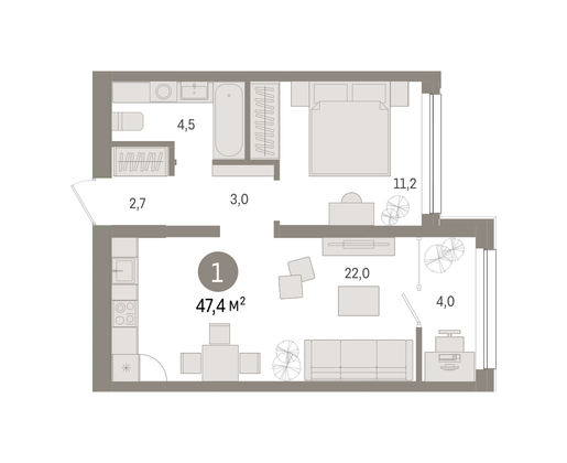 Продажа 1-комнатной квартиры 47,4 м², 7/8 этаж