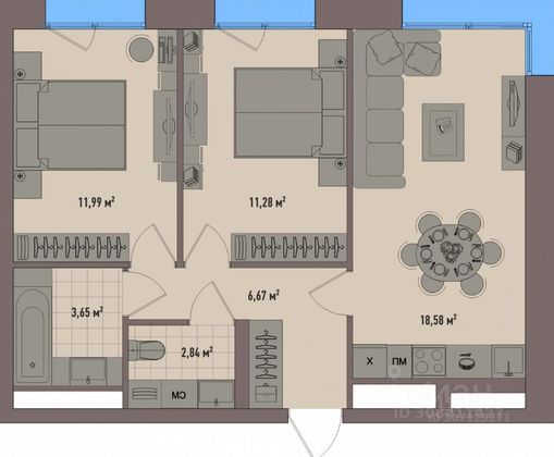 Продажа 2-комнатной квартиры 57,2 м², 2/21 этаж