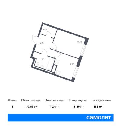 32,8 м², 1-комн. квартира, 2/9 этаж