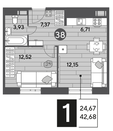Продажа 1-комнатной квартиры 42,7 м², 9/9 этаж