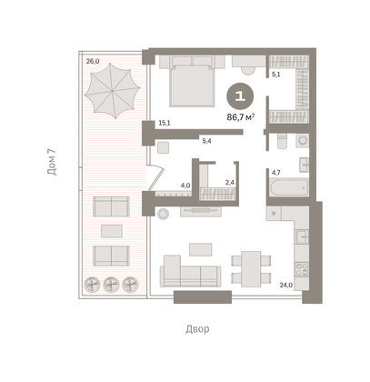 86,7 м², 1-комн. квартира, 1/7 этаж