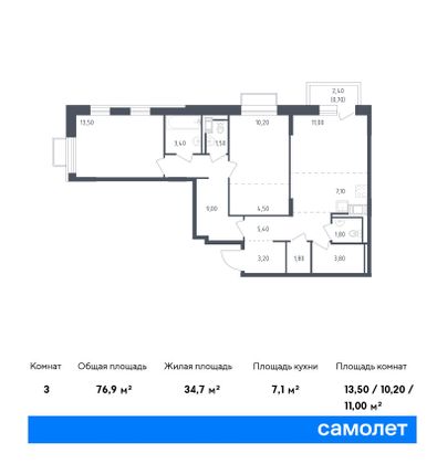 76,9 м², 2-комн. квартира, 2/10 этаж