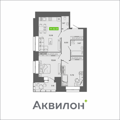 52,5 м², 2-комн. квартира, 6/11 этаж