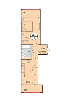 Продажа 1-комнатной квартиры 44,8 м², 5/9 этаж