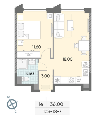 Продажа 1-комнатной квартиры 36 м², 7/58 этаж