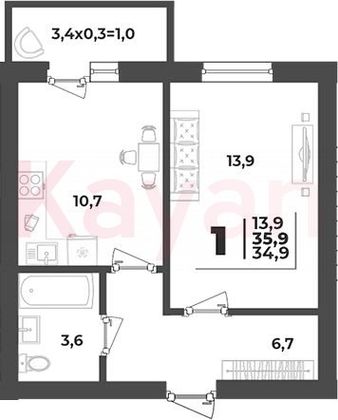 Продажа 1-комнатной квартиры 34,9 м², 1/5 этаж