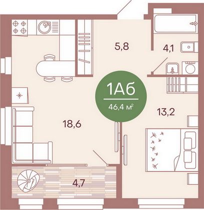 Продажа 1-комнатной квартиры 46,4 м², 2/17 этаж