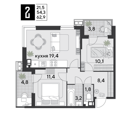 Продажа 2-комнатной квартиры 62,9 м², 5/9 этаж