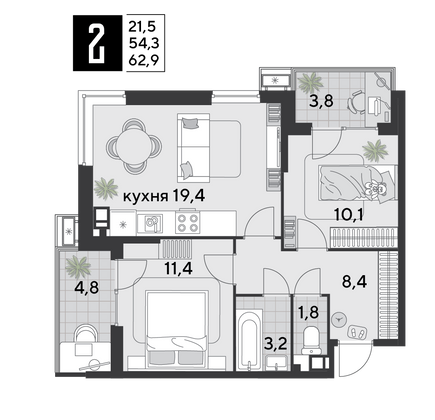 Продажа 2-комнатной квартиры 62,9 м², 6/9 этаж