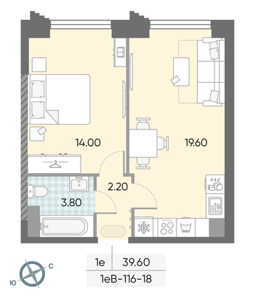 Продажа 1-комнатной квартиры 39,6 м², 18/58 этаж