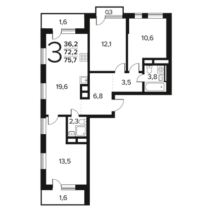 Продажа 3-комнатной квартиры 75,7 м², 14/14 этаж