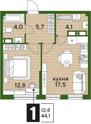 Продажа 1-комнатной квартиры 44,1 м², 14/19 этаж