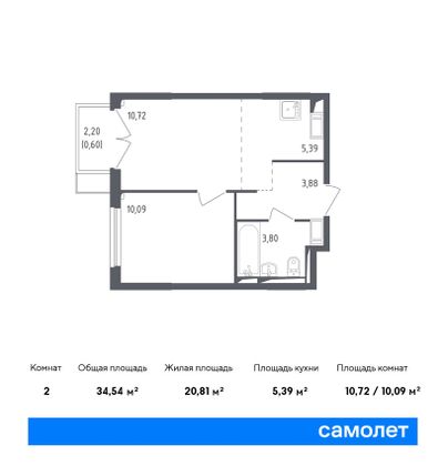 Продажа 2-комнатной квартиры 34,5 м², 6/17 этаж
