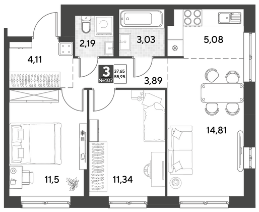 Продажа 3-комнатной квартиры 56 м², 4/21 этаж