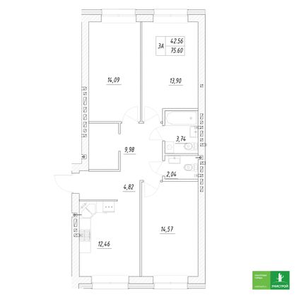 75,6 м², 3-комн. квартира, 7/10 этаж