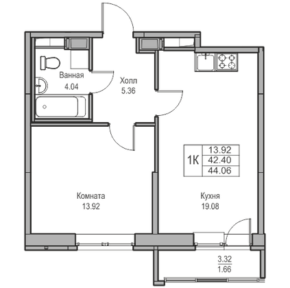 42,4 м², 1-комн. квартира, 10/23 этаж