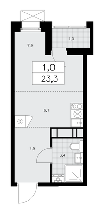 23,3 м², своб. планировка, 15/15 этаж