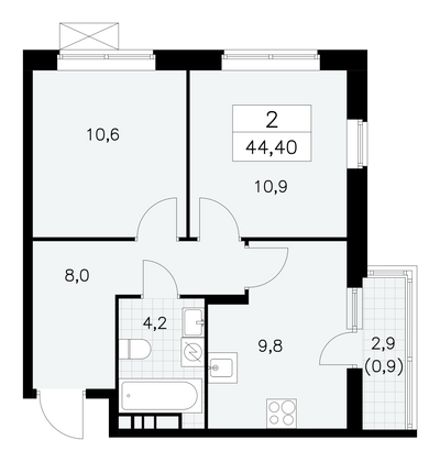 44,4 м², 2-комн. квартира, 16/18 этаж