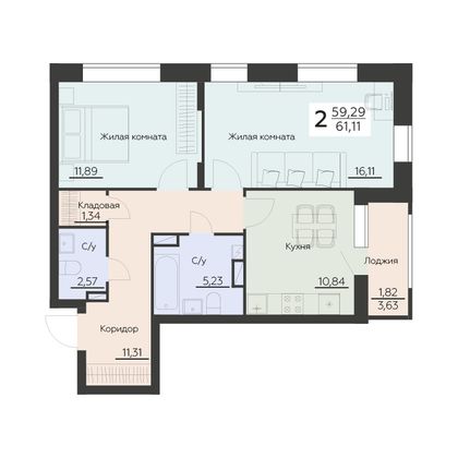 Продажа 2-комнатной квартиры 61,1 м², 2/16 этаж